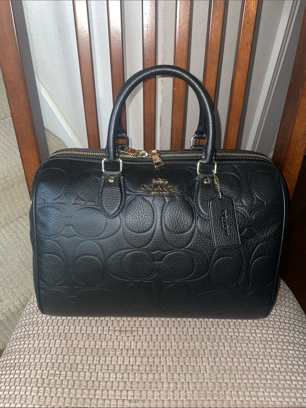 Coach Black Embossed Leather Large Rowan Satchel with Gold Hardware